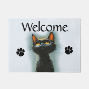 Paillasson Chat noir enchanté et Empreintes de pattes Bienven