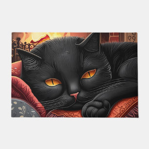 Paillasson Chat noir posé devant une cheminée