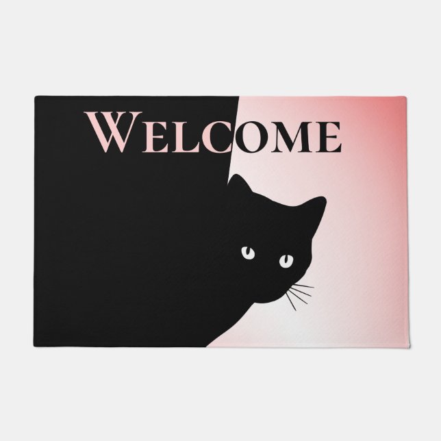 Paillasson Chat noir rusé Bienvenue rose (Devant)