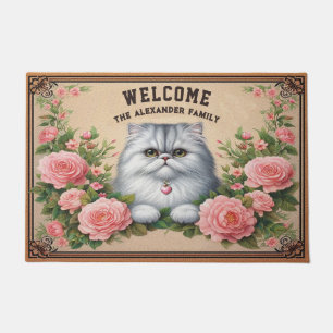 Paillasson Chat persan personnalisé Stylish Floral Bienvenue