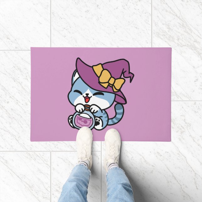 Paillasson Chat Tabby Halloween – Chapeau de Sorcière & Art d (Intérieur)