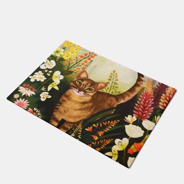 Paillasson Chat vintage Dans L'Aquarelle Du Jardin Fleurissan (Incliné)