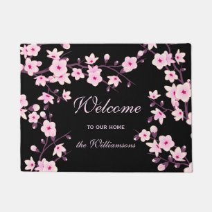 Paillasson Cherry Blossoms Pink Black Welcome Nom de famille
