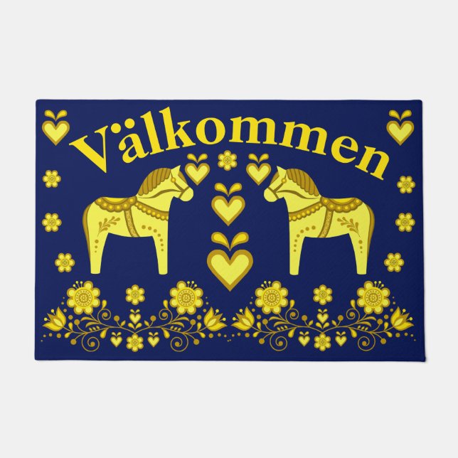 Paillasson Cheval de Dala de 2 gens, or/marine Valkommen, (Devant)