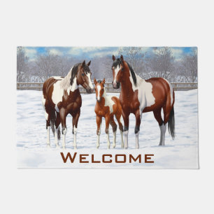 Paillasson Chevaux De Peinture De Baie Pinto En Neige D'Hiver