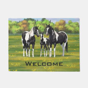 Paillasson Chevaux De Peinture De Pinto Noir En Pâturage Été