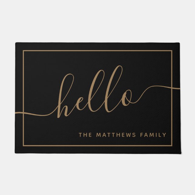 Paillasson Chic Black Gold Script Hello Nom de famille Bienve (Devant)