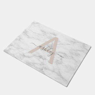 Paillasson Chic Blush Pink White Marble Script Nom monogram