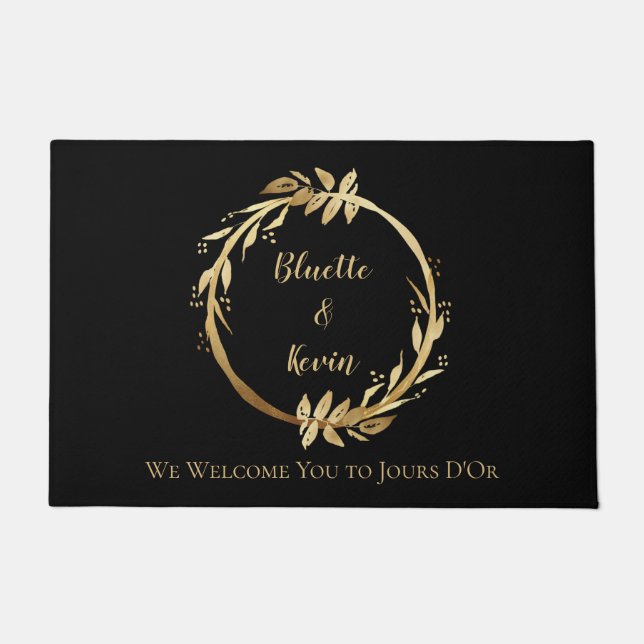 Paillasson Chic Elegant Black Gold Foliing Wreath Monogramme (Devant)