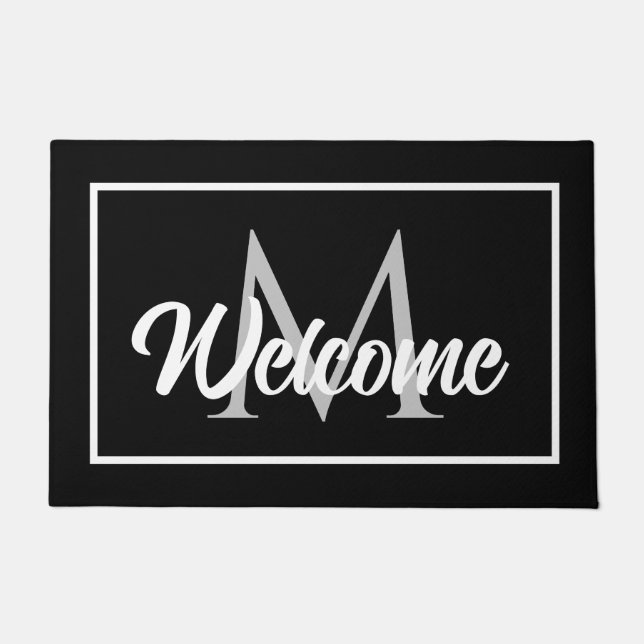 Paillasson Chic Famille Monogramme Bienvenue Mat noir blanc g (Devant)