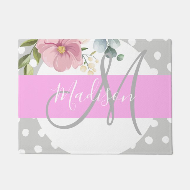 Paillasson Chic & Féminin Fleurs Blanc Rose Gris Monogramme N (Devant)