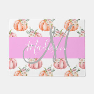 Paillasson Chic Floral White Peach Citrouille Monogramme Nom
