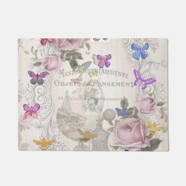 Paillasson chic français, rustique campagnard, motif floral,  (Devant)