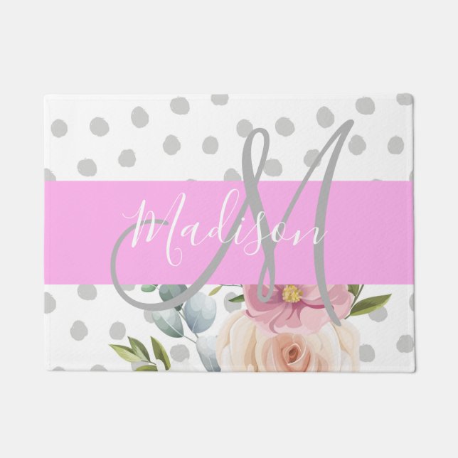 Paillasson Chic & Girly Floral Blanc Rose Gris Monogram Nom (Devant)