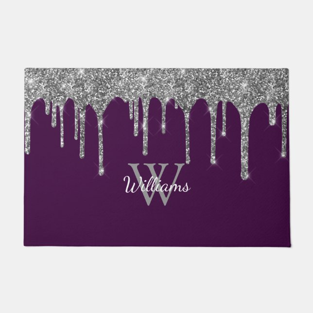 Paillasson Chic Gouttes de Glitter Argent Monogramme Nom Viol (Devant)