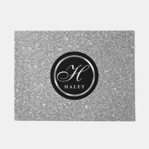 Paillasson Chic Luxueux Gris Argenté Paillettes Monogramme In