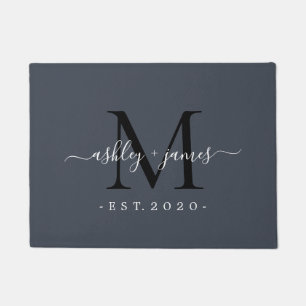 Paillasson Chic Noms Monogrammes Année Établie Bleu foncé
