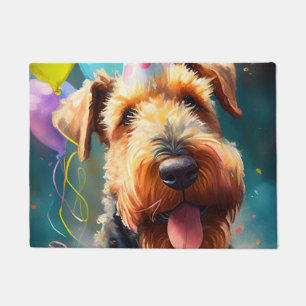 Paillasson Chien Airedale avec casquette d'anniversaire et ba