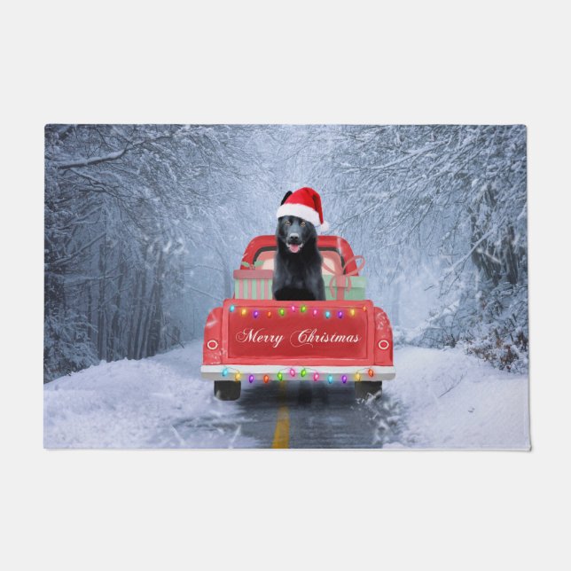 Paillasson Chien berger allemand en neige assis à Noël (Devant)