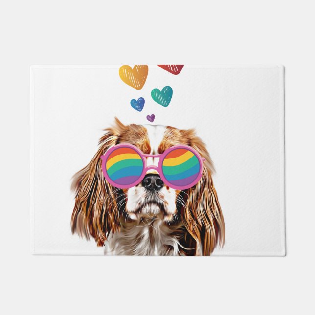 Paillasson Chien Cavalier King avec coeurs Saint-Valentin (Devant)
