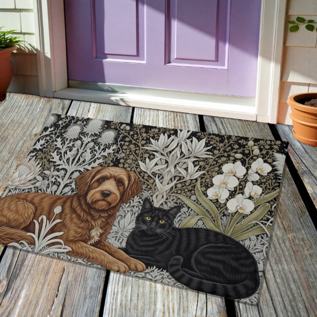 Paillasson Chien & Chat noir en Art Floral Nuovo Hiver / Or (Créateur téléchargé)