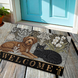 Paillasson Chien & Chat Noir en Art Nuovo Winter / Floral Or