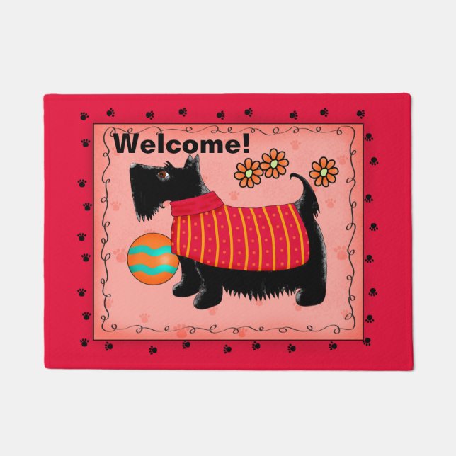 Paillasson Chien écossais noir Bienvenue Corail rouge (Devant)