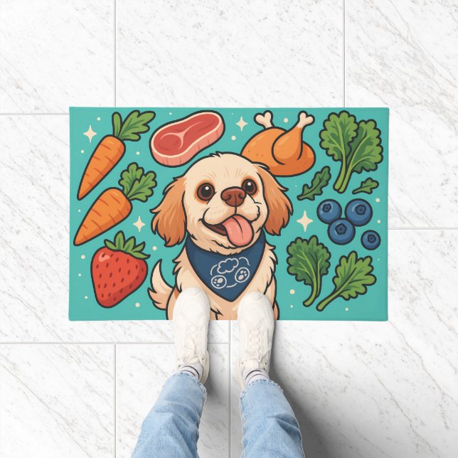 Paillasson Chien mignon entouré d'aliments complets frais (Intérieur)
