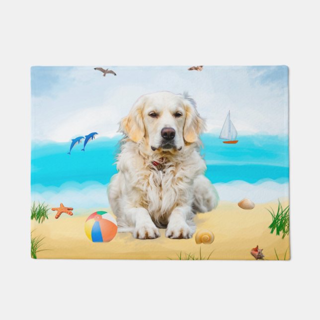 Paillasson Chien Retriever doré sur la plage (Devant)