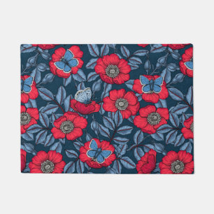 Paillasson Chien rose et papillons en bleu et rouge
