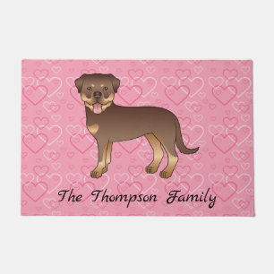 Paillasson Chien Rottweiler Rouge Et Brun Sur Coeurs Roses &