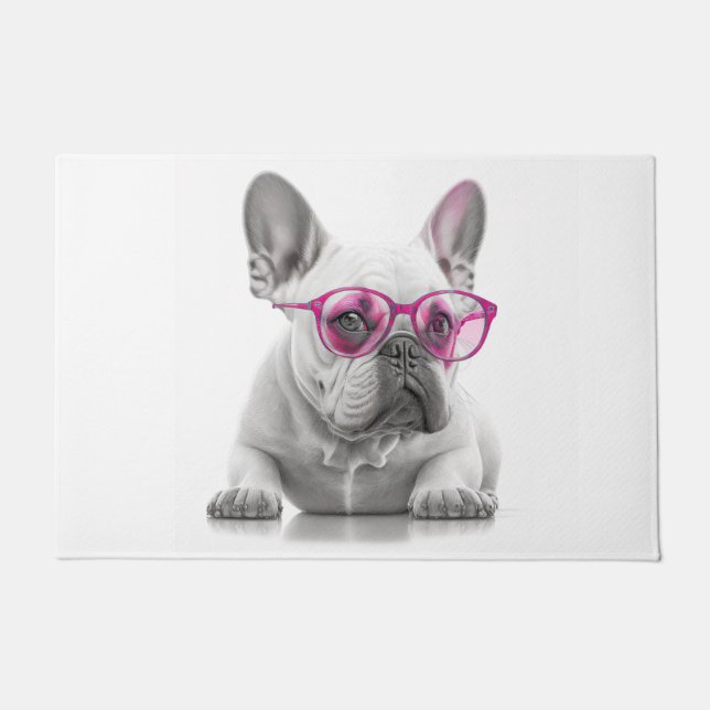 Paillasson Chien-taureau français avec lunettes roses Porte M (Devant)