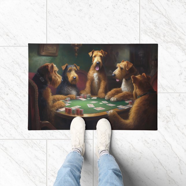 Paillasson Chiens Airedale Jouant Poker Art (Intérieur)