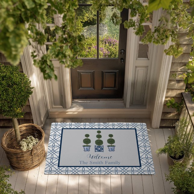 Paillasson Chinoiserie Arbre Topiaire Nom personnalisé Bienve (Topiary tree personalized chinoiserie doormat grandmillennial)