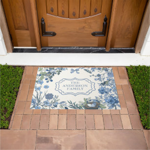 Paillasson Chinoiserie florale de nature bleue 