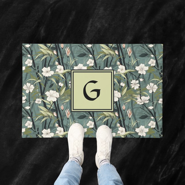 Paillasson Chinoisérie Florale Vert Sarcelle Blanc Initiale  (Créateur téléchargé)