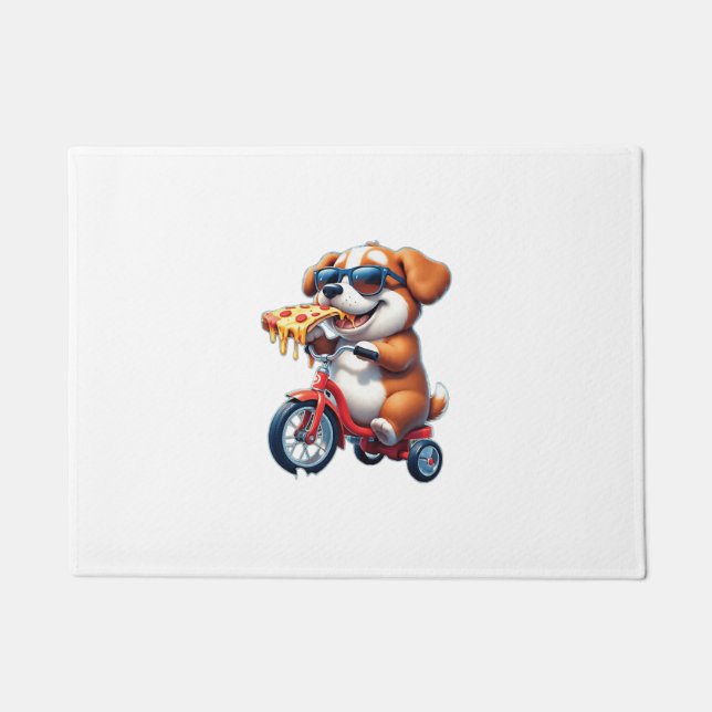 Paillasson chiot à vélo mangeant de la pizza (Devant)