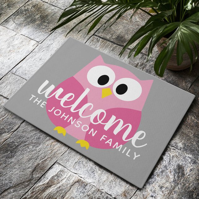 Paillasson Chouette de dessin mignonne - Nom personnalisé ros (Custom Welcome Doormat)