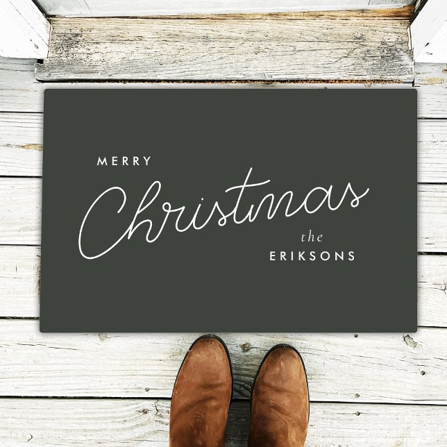 Paillasson Chrétien moderne | Forest Green Dark Dusky (Modern forest green Christmas doormat by Guava, featuring stylish white script & custom name option)