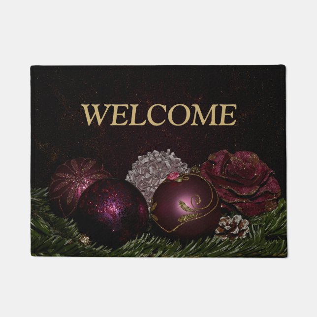 Paillasson Christmas Party Pink Ornament Green Leaves Black (Devant)