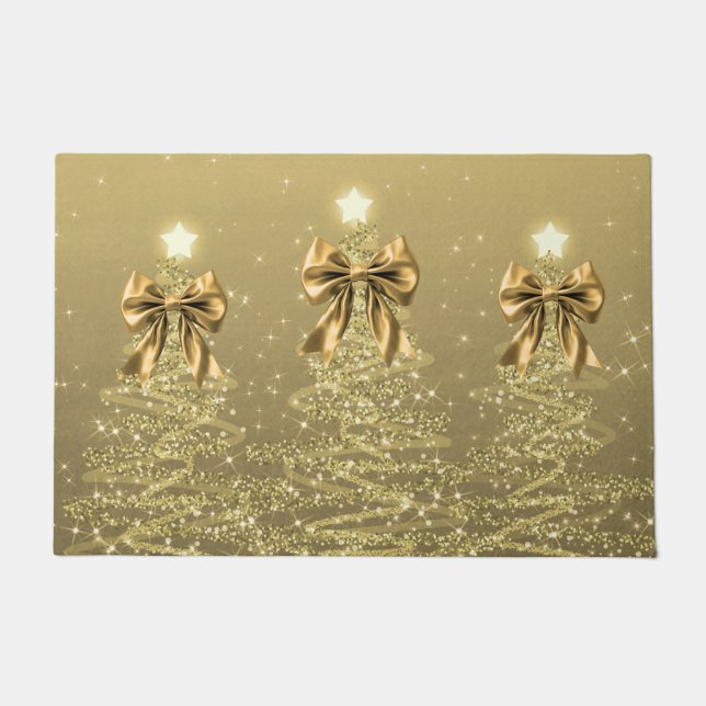 Paillasson Christmas Sparkling Trees Gold Faux Bow  (Devant)