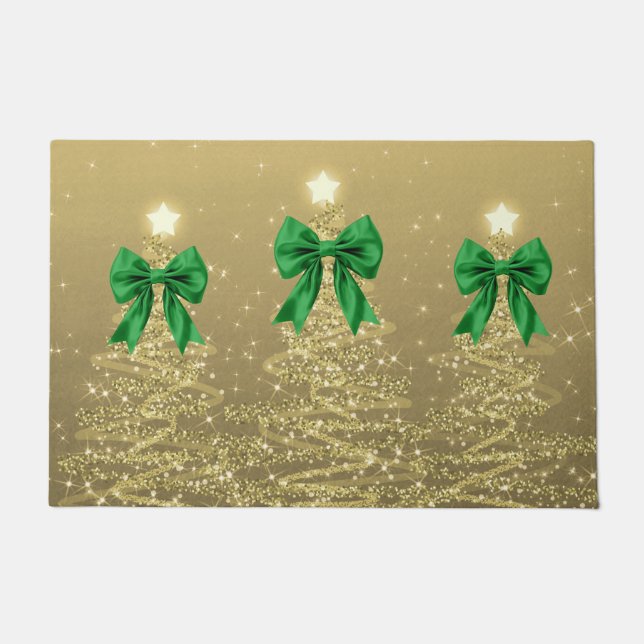 Paillasson Christmas Sparkling Trees Gold Faux Green Bow  (Devant)