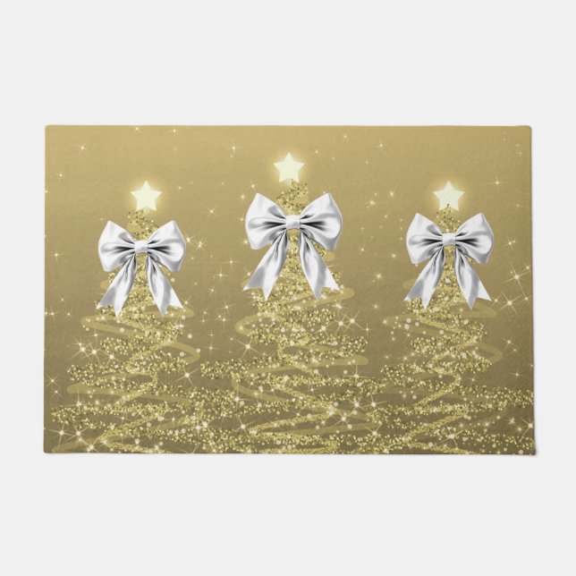 Paillasson Christmas Sparkling Trees Gold Faux Silver Bow  (Devant)