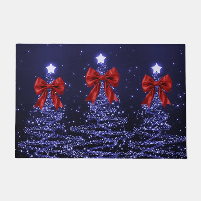 Paillasson Christmas Sparkling Trees Navy Blue Faux Red Bow  (Devant)