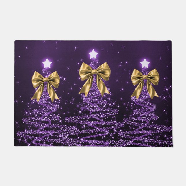 Paillasson Christmas Sparkling Trees Purple Faux Gold Bow  (Devant)