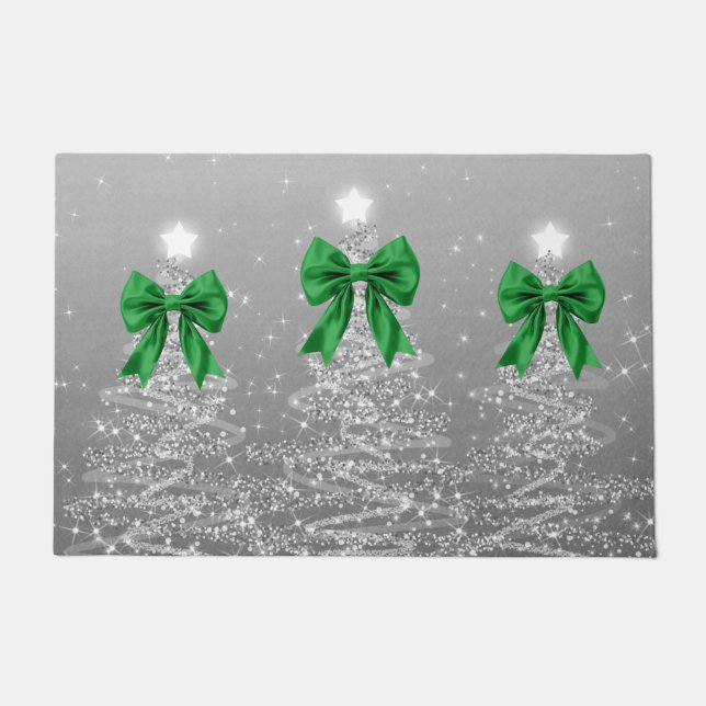 Paillasson Christmas Sparkling Trees Silver Faux Green Bow  (Devant)