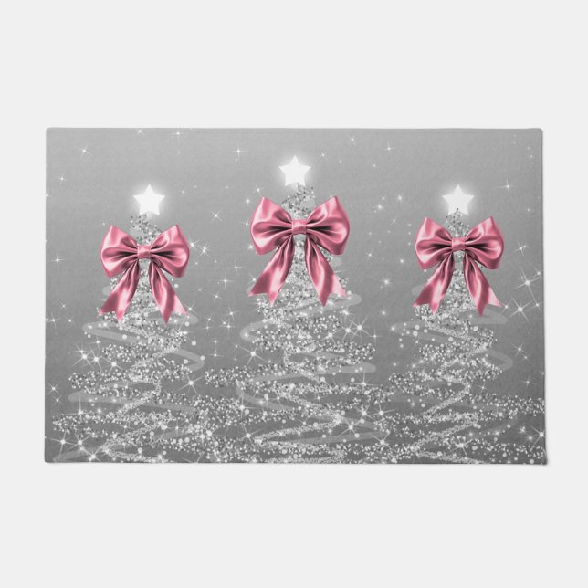 Paillasson Christmas Sparkling Trees Silver Faux Pink Bow  (Devant)