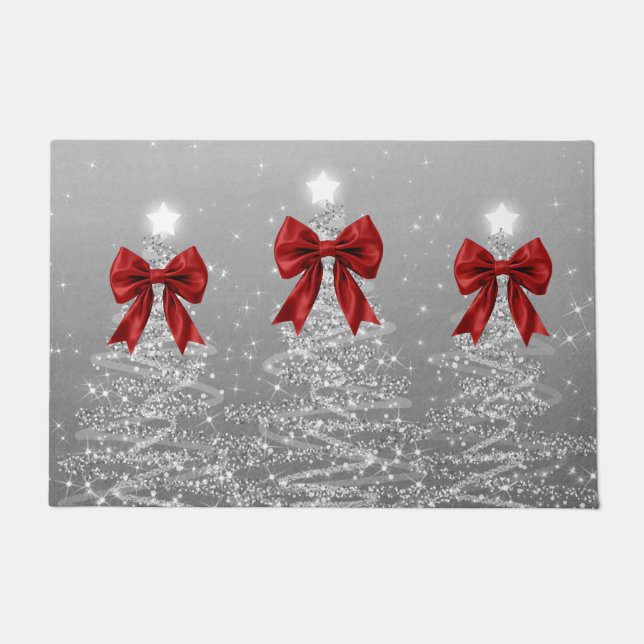 Paillasson Christmas Sparkling Trees Silver Faux Red Bow  (Devant)