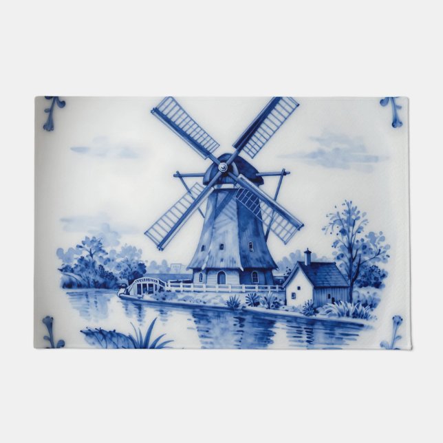 Paillasson Classic Delft Blue Windmill Canal Scene (Devant)