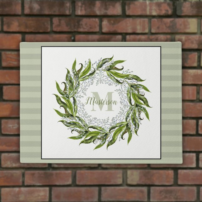 Paillasson Classic Green Wreath Monogram Sage Stripes (Créateur téléchargé)